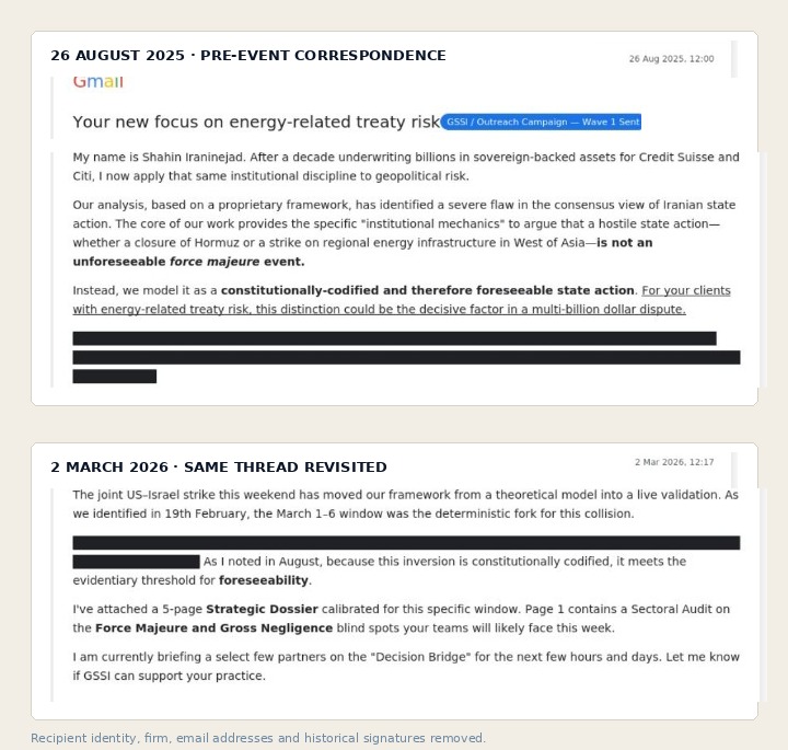 Redacted excerpts from August 2025 and March 2026 correspondence showing a pre-event GSSI foreseeability proposition and later follow-up