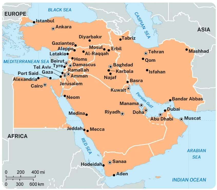 Figure 10 — The region the season covers: the states, capitals and principal cities of West Asia, from Istanbul to Aden and from Alexandria to Mashhad.