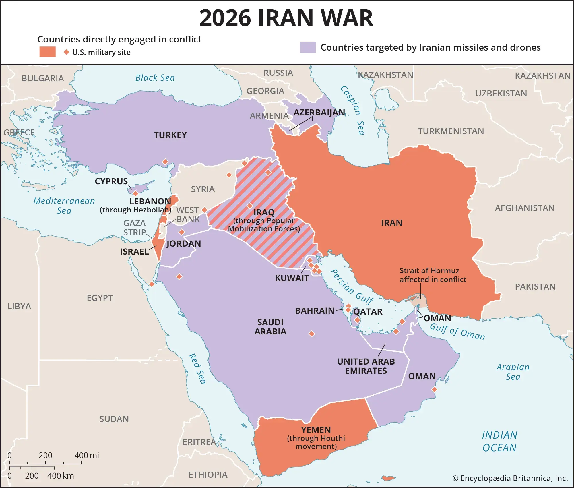 Figure 6 — The 2026 Iran war as mapped by Encyclopædia Britannica: the countries directly engaged in the conflict (Iran and Israel, and Lebanon, Iraq and Yemen through Hezbollah, the Popular Mobilization Forces and Ansar Allah), the countries targeted by Iranian missiles and drones, and US military sites.