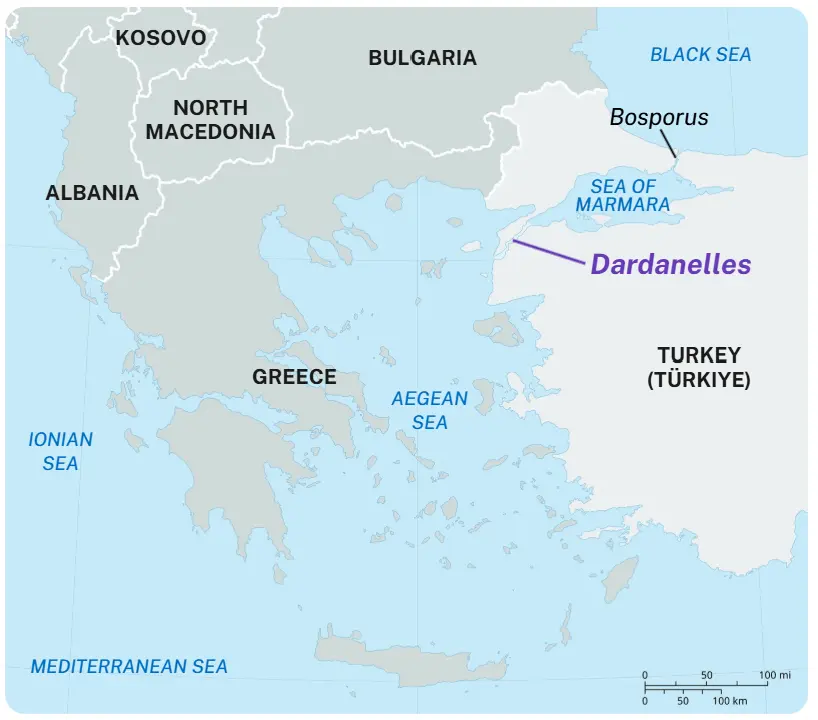 Figure 8 — The Turkish Straits: the Dardanelles, the Sea of Marmara and the Bosporus, the passage between the Aegean and the Black Sea whose transit regime Turkey administers under the 1936 Montreux Convention.