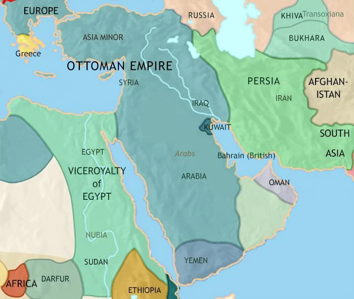 Figure 2 — TimeMaps regional reconstruction for 1871. It illustrates imperial geography after the earlier Ottoman–Iranian frontier discussion; its borders are schematic, and “Iraq” is a later geographic label rather than a sovereign state of that date. Source: TimeMaps, Middle East 1871.