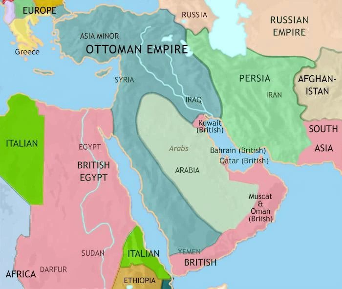 Figure 3 — TimeMaps regional reconstruction for 1914. It illustrates the setting of late Ottoman boundary-making, not the precise legal line of the 1913–14 instruments. Source: TimeMaps, Middle East 1914.