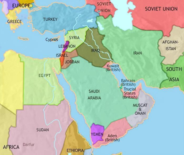 Figure 4 — TimeMaps regional reconstruction for 1960. It provides period orientation; the account of Iraqi resource sovereignty and the 1975 treaty rests on the cited historical and legal record, not this schematic map. Source: TimeMaps, Middle East 1960.