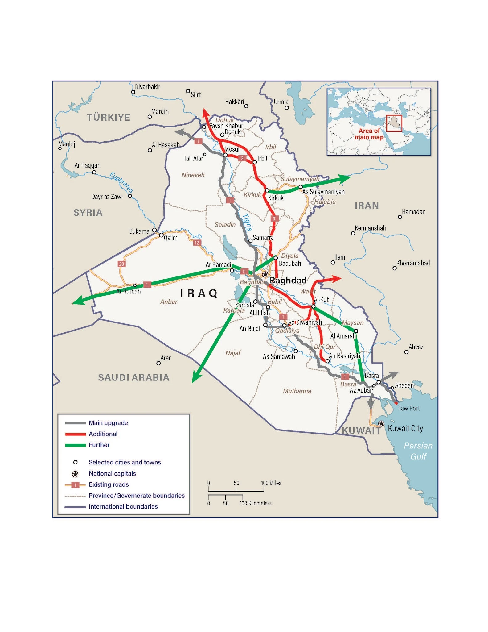 Figure 5 — Carnegie Endowment's Iraq Development Road map distinguishes proposed upgrades and new links. Read it as a plan, not proof of constructed capacity or current traffic. Source: Harith Hasan, Carnegie Endowment (2024), map in the Development Road study.