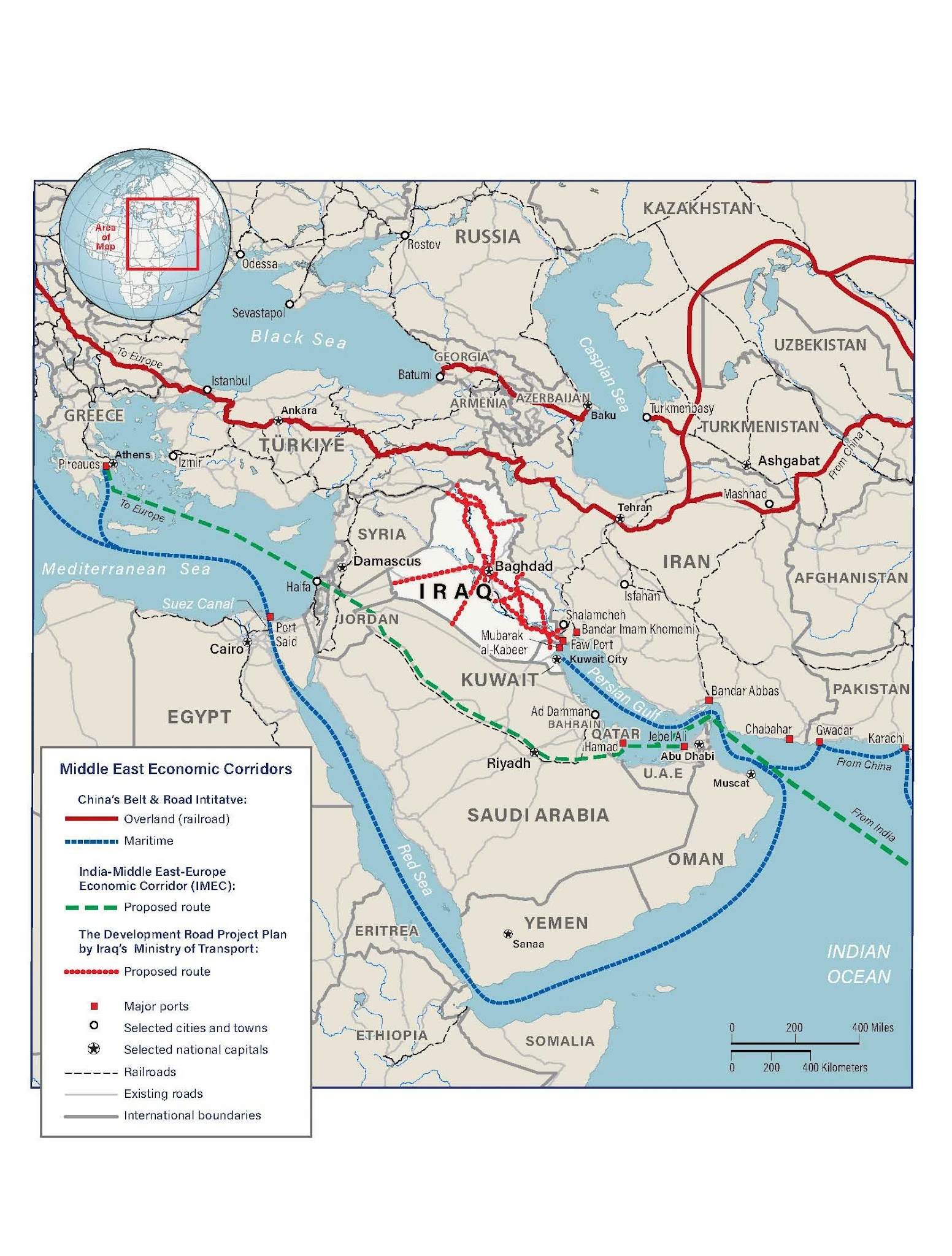 Figure 6 — Carnegie Endowment comparative corridor map shows the Development Road alongside IMEC and Belt and Road alignments. Dashed or projected lines mark proposals; they are not operating alternatives to the Strait. Source: Harith Hasan, Carnegie Endowment (2024), map 3.